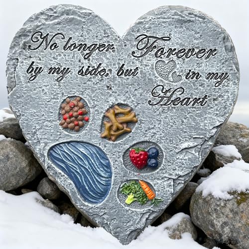 Heart Shaped Dog Memorial Garden Stone with Paw Print & Treats & Food - Sympathy Gift for Loss of Pet Outdoor Grave Marker Remembrance Dog Passing Away
