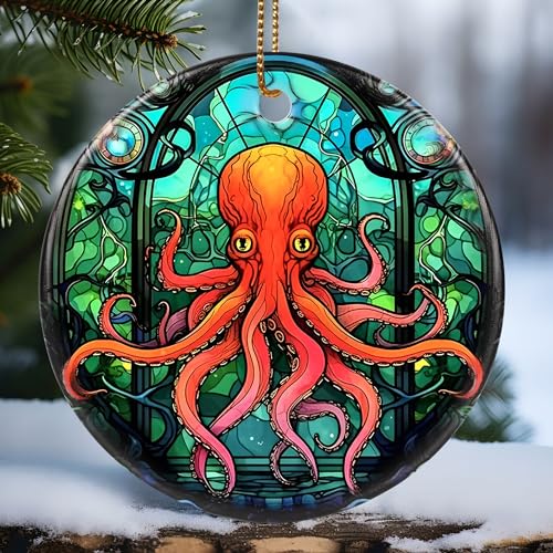 Touber Christmas Ornament, Christmas Decoration, Holiday Present Idea, Heirloom Keepsake, Round Ceramic, Gift Exchange, Gift Idea, Octopus - color: Octopus