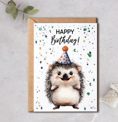 Hedgehog Birthday Card With Party Hat - Happy Birthday Card - Hedgehog Gift - Zoo Safari Animal Birth - Zoo Greeting Cards - Hedgehogs Watercolour Cards - Animal Lover Birth Gift