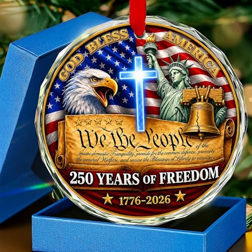250 Anniversary USA Christmas Ornament, Patriotic Liberty Bell Glass Ornaments - United States 250 Years American Anniversary, 1776–2026 4th of July Holiday Tree Decor & Gift - color: God Bless American