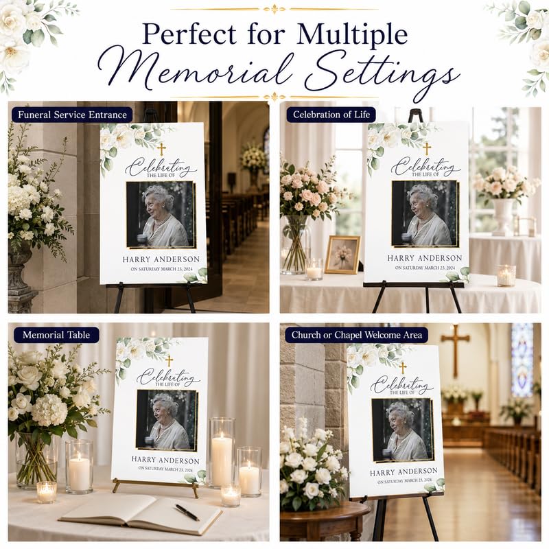 Personalized Funeral Welcome Sign with Photo, White Rose and Cross - color: Design 7