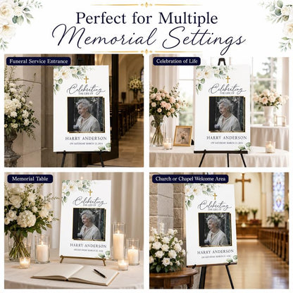 Personalized Funeral Welcome Sign with Photo, White Rose and Cross - color: Design 7