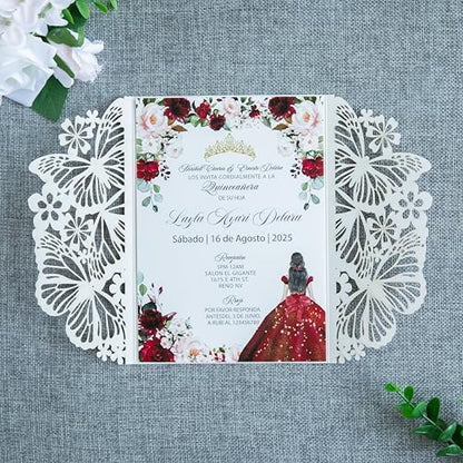 20 PCS 5.12x7.2 Butterfly Personalized Quinceanera Invitation, Customized XV Anos Laser Cut Invitation Cards with Envelopes (20 PCS Light Gold Personalized) - color: 20 PCS Light Gold Personalized