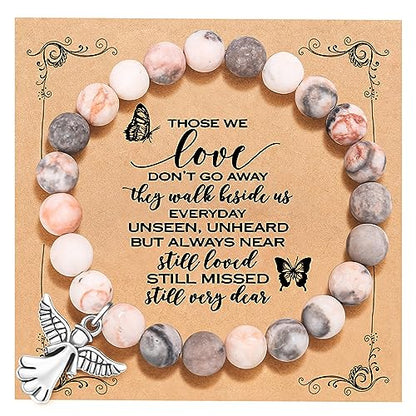 QWNHONEY Memorial Gifts for Loss of Loved Sympathy Remembrance In Memory of Mother Father Pet Bereavement Grief Pink Red Beads Bracelet with Angle Wings Jewelry Gifts for Women - style: Pink-Angel-Those we love don't go away