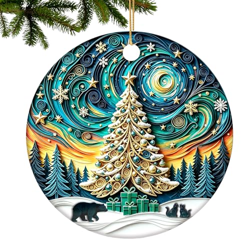 3D Visual Christmas Tree Ornaments 2026 Ceramic Starry Night Sky Christmas Tree Bear Cats Collectible for Holiday Décor Family and Friends Keepsake Gift Xmas Stocking Stuffers for Women, Men - color: Christmas Tree Starry Night