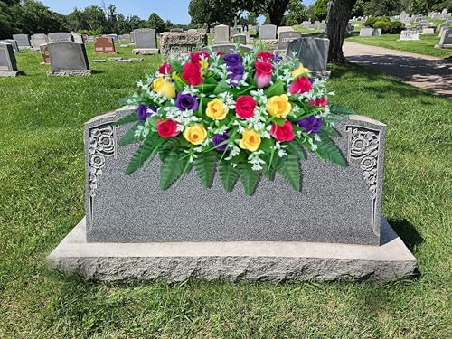 LVXINLI Artificial Cemetery Flowers Saddle-Shaped Tombstone Decorations Non-Fading UV-Resistant（Yellow+Purple+Brilliant Red Saddle） - color: Yellow+purple+brilliant Red Saddle