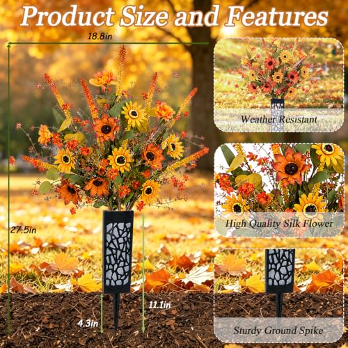 2PCS Artificial Fall Flowers for Cemetery Grave Fake Daisy with Vase, 27in | UV Resistant Autumn Grave Decor Artificial Lavender Daisy Cemetery Flowers for Headstone Tombstone Thanksgiving Outdoor