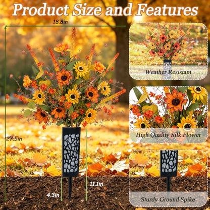 2PCS Artificial Fall Flowers for Cemetery Grave Fake Daisy with Vase, 27in | UV Resistant Autumn Grave Decor Artificial Lavender Daisy Cemetery Flowers for Headstone Tombstone Thanksgiving Outdoor