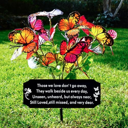 Solar Butterfly Memorial Stake for Graves - Metal Cemetery Garden Decor with LED Lights - Sympathy Remembrance Plaque to Honor Mother Father - Weatherproof Outdoor Bereavement Tribute(with Flowers) - style: Dear with Flowers