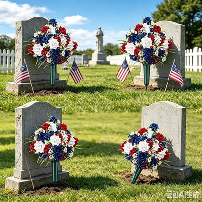 2 Set Artificial Patriotic Flowers Bouquet for Grave 4th of July Memorial Day Veterans Cemetery Decoration with Long Nail Vases Weatherproof Red White Blue Rose Daisy Floral American 250th Anniversary