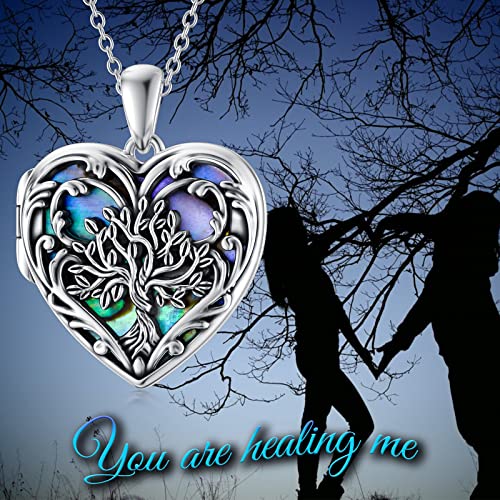 SOULMEET Personalized Tree of Life/Palm Tree Heart Locket Sterling Silver Necklace That Holds 1 or 2 Pictures Memorial Vintage Photo Locket Custom Any Photo Healing Gift - style: B1-Abalone tree locket only