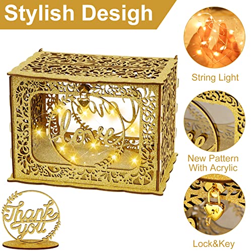 Gold Wedding Card Box, Glitter Wooden Card Box for Wedding Reception - style: Gold glitter