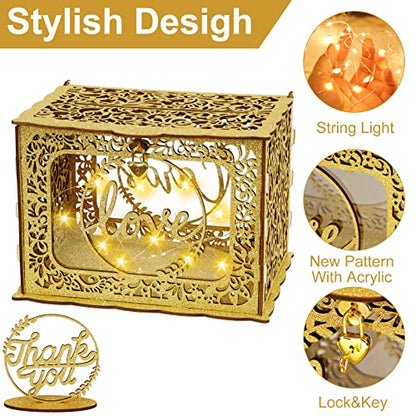 Gold Wedding Card Box, Glitter Wooden Card Box for Wedding Reception - style: Gold glitter