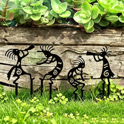 4 Piece Kokopelli Metal Garden Stakes-Southwestern Yard Art 9.8"x6" | Native American Inspired Rustic Outdoor Decor for Lawn,Patio,Garden Pathway,Fade-Resistant Ornaments for Thanksgiving Day - style: Kokopelli Stake