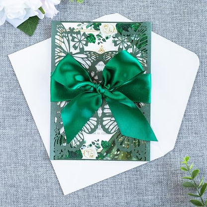 20 PCS 5.12x7.2 Butterfly Personalized Quinceanera Invitation, Customized XV Anos Laser Cut Invitation Cards with Envelopes (Emerald Green Personalized) - color: 20 PCS Emerald Green Personalized