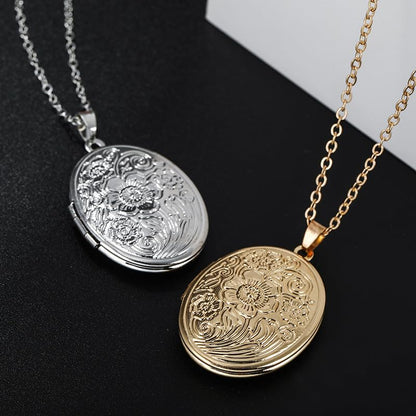 Locket Picture Pendant Heart Necklace,Retro Carved Flower Relief Pattern Oval Center Necklace Souvenir Memorial Clavicle Jewelry for Women - color: gold oval