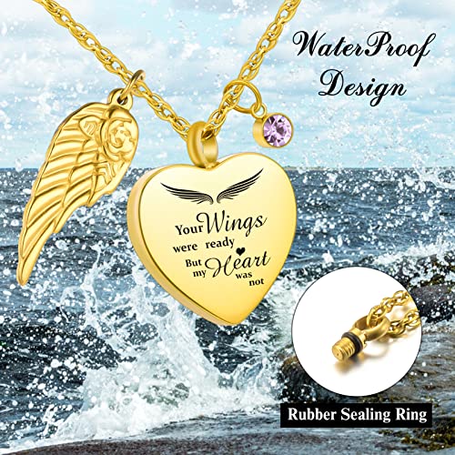 Dletay Heart Urn Necklace for Ashes with 12 Birthstones Cremation Jewelry for Ashes -Your Wings Were Ready My Heart Was Not - color: Your wings-Gold
