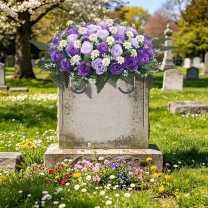 Wocst Headstone Flower Saddle,Large Artificial Cemetery Flowers for Grave Artificial Roses Daisy Saddle for Cemetery Headstone (Purple) - color: Purple
