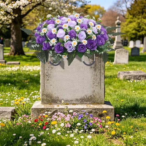 Wocst Headstone Flower Saddle,Large Artificial Cemetery Flowers for Grave Artificial Roses Daisy Saddle for Cemetery Headstone (Purple) - color: Purple