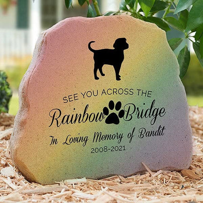 Personalized Rainbow Bridge Dog Breed Memorial Stone - Customizable Outdoor Garden Decor Stones, Pet Memorial with Breed Silhouette, Text and Memorial Years - Ideal for Remembering a Beloved Pet