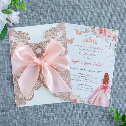 20 PCS 5.12x7.2 Butterfly Personalized Quinceanera Invitation, Customized XV Anos Laser Cut Invitation Cards with Envelopes (Rose Gold Personalized) - color: 20 PCS Rose Gold Personalized