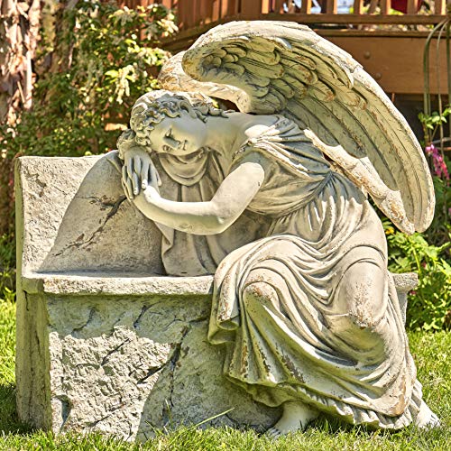 Zaer Ltd. Large Magnesium Angel Statues (Outdoor Safe) (35”T Napping On Bench Seraphina) - size: 35"T Napping On Bench "Seraphina"