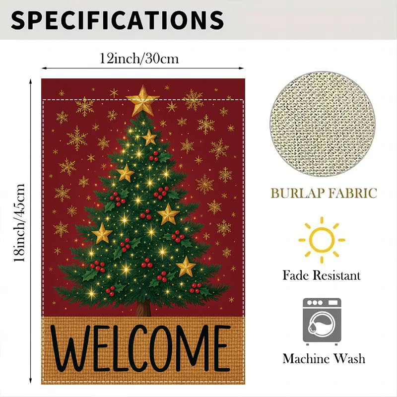 Merry Christmas Garden Flag 12x18 inches Welcome Sign Red, green, and gold Christmas tree with stars, holly berries, and snowflakes, designed for indoor and outdoor weather resistance, suitable for terraces, courtyards, decks, and holiday decorations.outd