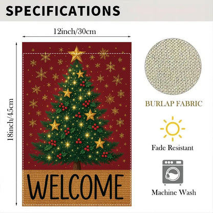 Merry Christmas Garden Flag 12x18 inches Welcome Sign Red, green, and gold Christmas tree with stars, holly berries, and snowflakes, designed for indoor and outdoor weather resistance, suitable for terraces, courtyards, decks, and holiday decorations.outd