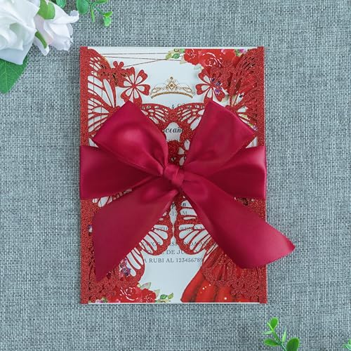 20 PCS Butterfly Quinceanera Invitation, Laser Cut Invitation Cards | 5.12x7.2" Red Glitter Butterfly Quinceanera Invitation with Envelopes for XV Anos Bridal Shower Baby Shower Invite - color: Red Glitter