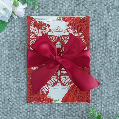20 PCS Butterfly Quinceanera Invitation, Laser Cut Invitation Cards | 5.12x7.2" Red Glitter Butterfly Quinceanera Invitation with Envelopes for XV Anos Bridal Shower Baby Shower Invite - color: Red Glitter