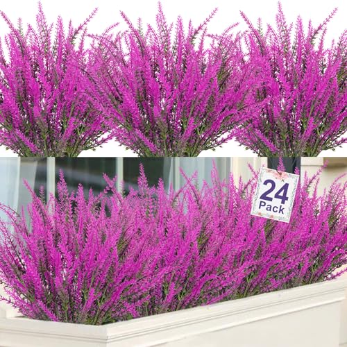 24 Pcs Artificial Lavender Fake Flowers Outdoors, Fuchsia | Realistic, faux plastic plants, UV resistant, for home wedding garden patio window table centerpieces indoor outdoor decor - color: Fuchsia, size: 24 Bundles