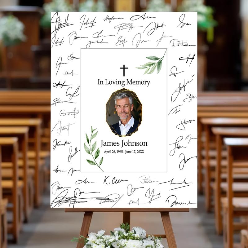 Custom "In Loving Memory" Sign with Cross & Greenery - Personalized Funeral Photo Board | Optional Guest Book Alternative - color: Design 2