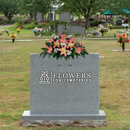 Sympathy Silks 30" Headstone Flower Saddle Artificial Cemetery Flowers - Gravesite Flowers - Peach Lily and Carnation with White Daisies - color: Peach, size: Saddle