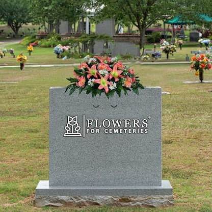 Sympathy Silks 30" Headstone Flower Saddle Artificial Cemetery Flowers - Gravesite Flowers - Peach Lily and Carnation with White Daisies - color: Peach, size: Saddle