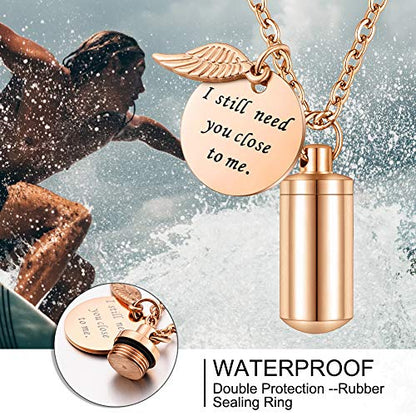 abooxiu Cylinder Urn Necklace for Ashes Cremation Jewelry/Keychain for human Pet Stainless Steel Memorial Keepsake Pendant with Angel Wing Charm Ashes - color: Rose Gold-s