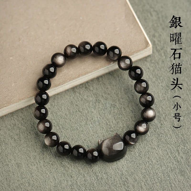Pingyongchang Natural Black Obsidian Bracelet, Crystal Cat Beaded Bracelets for Women Men, Stretch Bracelet 8mm Stretch Elastic Bracelets - color: silver