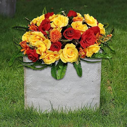 Headstone Flower Saddle,Large Artificial Cemetery Flowers for Grave-Realistic Red & Yellow Rose Mix Arrangement,Outdoor Memorial Decorations,Durable & Easy Fit