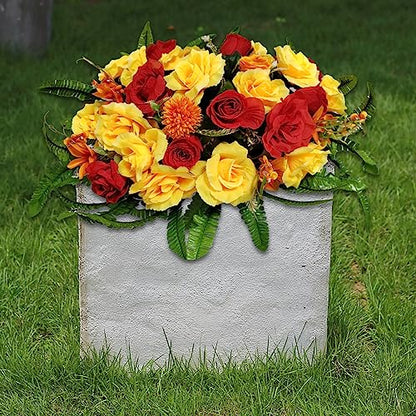 Headstone Flower Saddle,Large Artificial Cemetery Flowers for Grave-Realistic Red & Yellow Rose Mix Arrangement,Outdoor Memorial Decorations,Durable & Easy Fit