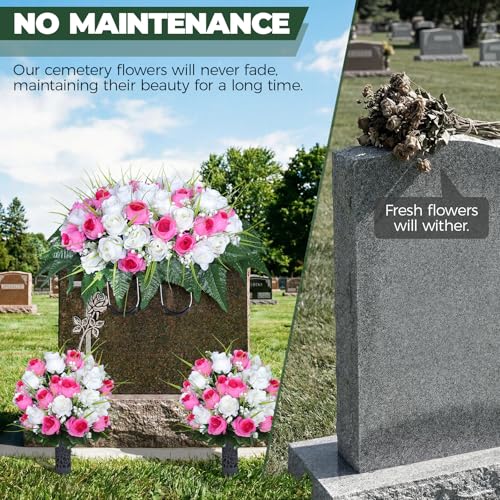 3 PCS Artificial Cemetery Flowers for Grave, Headstone Flower Saddle - color: Pink and White