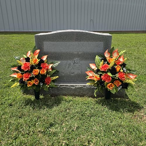Headstone Saddle and Cemetery Cone Set with Orange and Black Rose Flowers for Halloween, Fall, and Motorcycle Biker Memorial Decoration