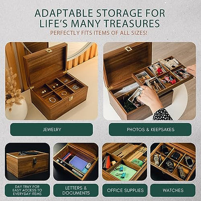 Locking Wooden Keepsake Box, Customizable Design With Adjustable Tray. Large Wooden Box with Hinged Lid for Wedding and Memory Keepsakes - color: Natural
