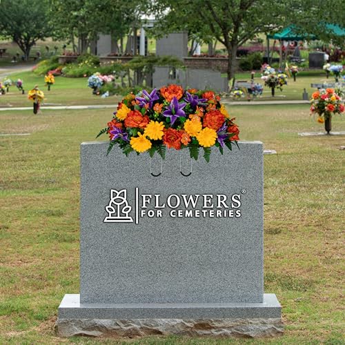 30" Headstone Flower Saddle Artificial Cemetery Flowers - Gravesite Flowers - Orange Peonies, Purple Lilies, and Yellow Daisies - size: Saddle