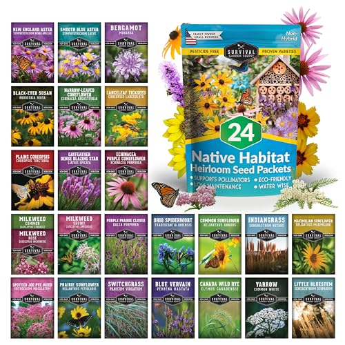 American Wildflower Seeds for Planting - 24 Variety Pack of Native Plants | Native Flowers + Bunchgrasses for Butterfly and Bee-Friendly Pollinator Gardens - Survival Garden Seeds