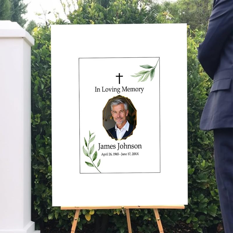 Custom "In Loving Memory" Sign with Cross & Greenery - Personalized Funeral Photo Board | Optional Guest Book Alternative - color: Design 2