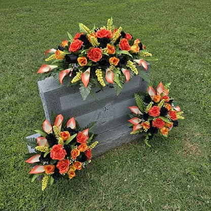 Headstone Saddle and Cemetery Cone Set with Orange and Black Rose Flowers for Halloween, Fall, and Motorcycle Biker Memorial Decoration