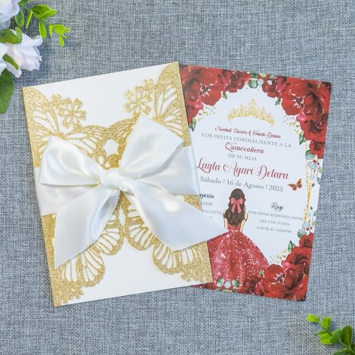 20 PCS Butterfly Quinceanera Invitation, Laser Cut Invitation Cards | 5.12x7.2" Gold Glitter Butterfly Quinceanera Invitation with Envelopes for XV Anos Bridal Shower Baby Shower Invite - color: Golden Glitter