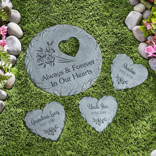 Let's Make Memories Personalized Memorial Stones - in Memory - Sympathy - Condolences - Loved Ones or Pets - Large Round Stone - in Our Hearts Design - style: Round