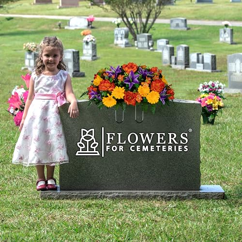 30" Headstone Flower Saddle Artificial Cemetery Flowers - Gravesite Flowers - Orange Peonies, Purple Lilies, and Yellow Daisies - size: Saddle
