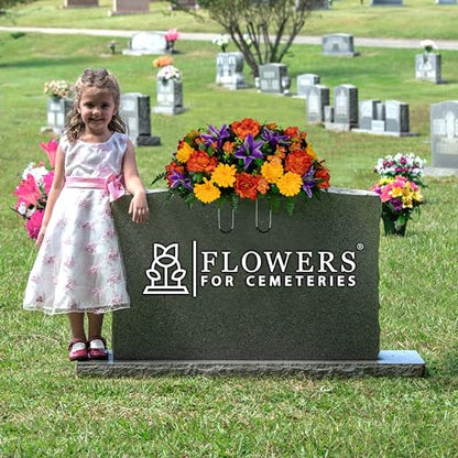 30" Headstone Flower Saddle Artificial Cemetery Flowers - Gravesite Flowers - Orange Peonies, Purple Lilies, and Yellow Daisies - size: Saddle