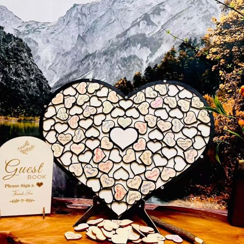 Wedding Guest Book Unique Wooden Heart Alternative GuestBook Bridal Shower Wedding Decoration with 83 Wooden Hearts 1 Sign Pen Set (Black) - color: Black